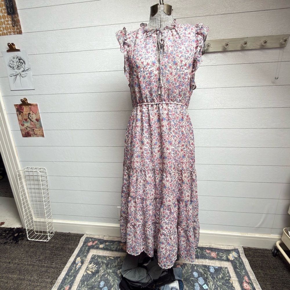 BB Dakota Ditsy Floral Ruffle Cap Sleeve Tiered Maxi Dress M | Prairie Boho - Picture 7 of 11
